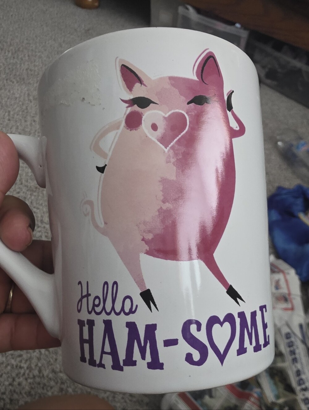 White Ceramic Mug with Pink Pig "Hello HAM-SOME" Design